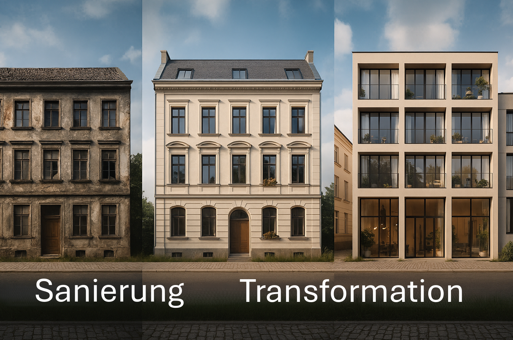 Sanierungsbedürftges, saniertes und transformiertes Haus